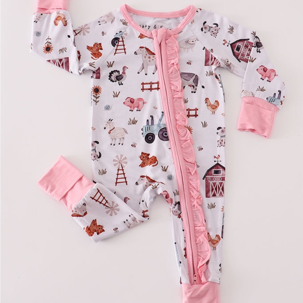 Farm  Animals Family Pink Pajamas Bamboo Romper Sleeper Baby Girl